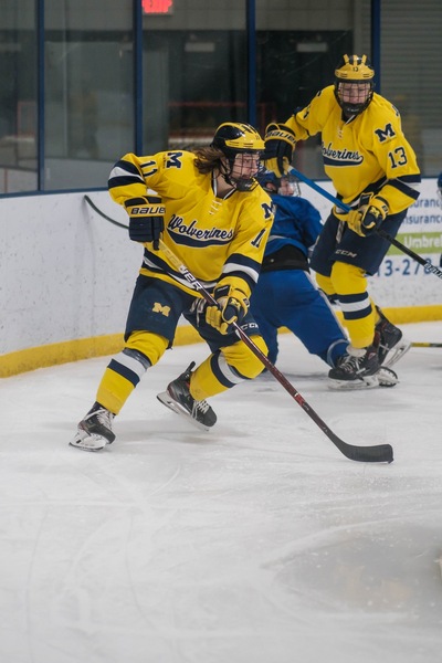 Mathieu LaForest (No. 11) paced the Wolverines with a pair of goals.